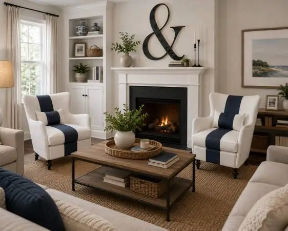 Leather white and navy wingback chairs