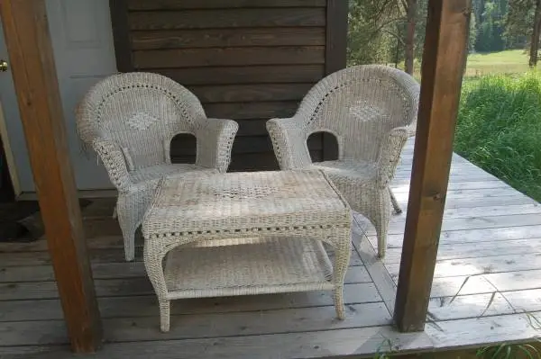 Vintage White Wicker Patio Set - 2 Chairs & Accent Table