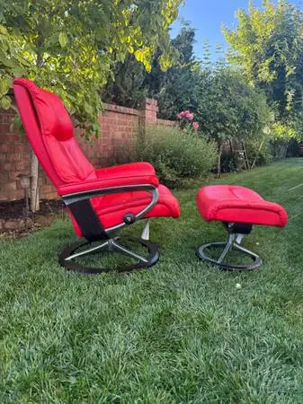 Ekornes Stressless Tomato Red Leather Chair & Ottoman- Black Wood & cast aluminu