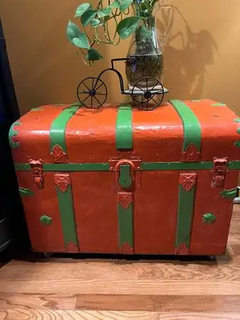 steamer trunk tin clad on wheels