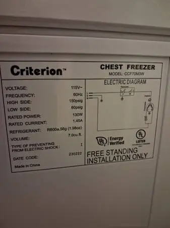 Criterion 7.0 cubic feet freezer