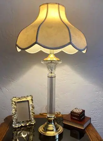 Vintage Brass and Crystal Table Lamp with Scalloped Shade