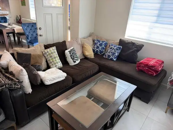Sectional, accent chair, coffee table + stools — $350 OBO
