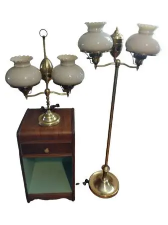 Vintage Brass Hurricane Lamp Match Set Floor Table Gray Milk Glass