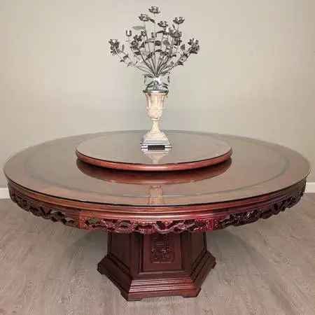 Premium Banquet‐Size Carved Hongmu Table – 66” w/ Glass & Lazy Susan (Rose