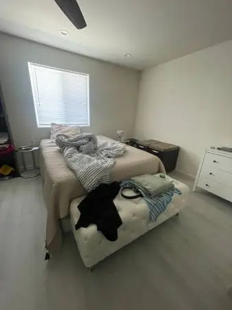 Bed WITH mattress, dresser + tufted bench