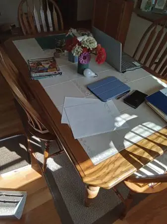 OAK EXPRESS KITCHEN TABLE, 4 CHAIRS AND CUSHONS