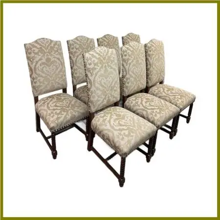 French Louis Xiii Style High Back Damask Dining Chairs, Set Of Seven