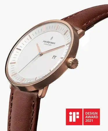 Nordgreen Men Watch PHILOSOPHER BROWN LEATHER ROSEGOLD CASE: $150 OFF