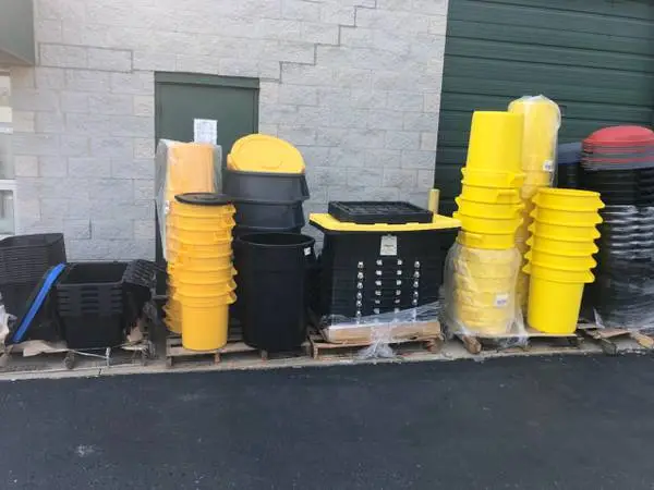 GARBAGE CANS, PLASTIC TOTES, SAW HORSES (BRAND NEW)- EVERY WEEK DAY