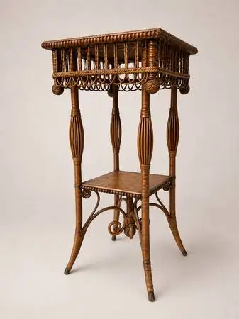 Antique Victorian Wicker and Oak Lamp Table by Heywood Wakefield