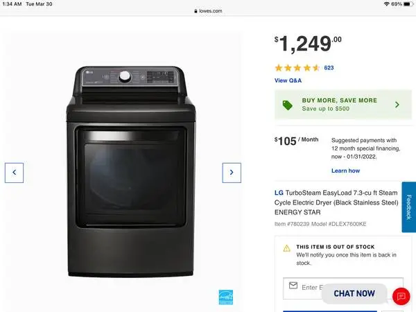 New LG Turbo Steam Electric Black Stainless Steel Dryer