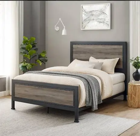 Queen Industrial Wood and Metal Panel Bed in Gray Wash