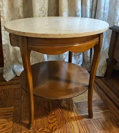 Vintage Marble Top Wood Accent Table, Round