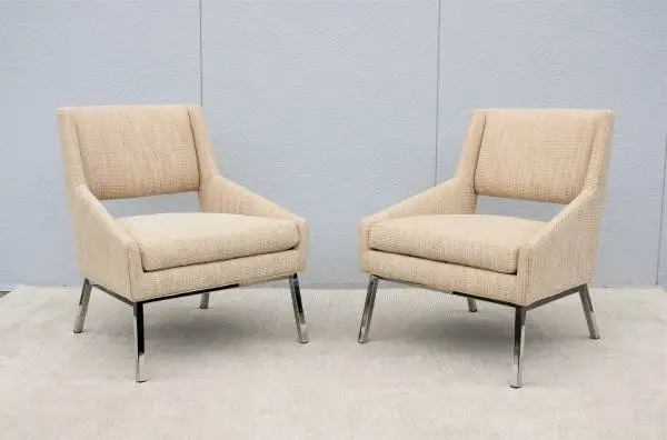 Mid-Century Modern Lexington Amani Beige Fabric Accent Chairs, a Pair