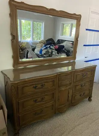 French Provincial bedroom dresser and framed mirror