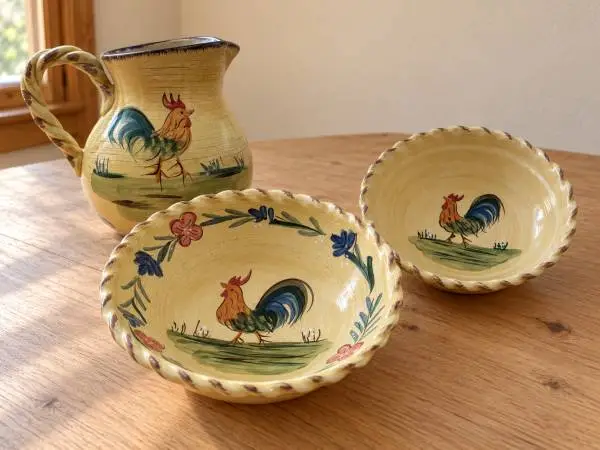 đVintage Ceramic Rooster Pitcher and Bowl Setđ