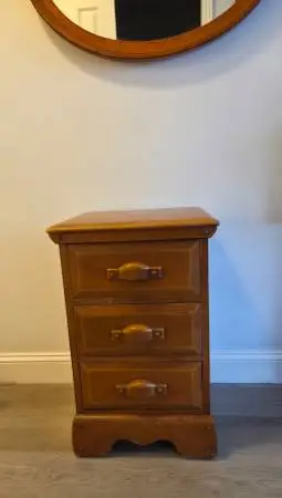 Antique Oak Bedside Chest — 3 Drawers — Honey Oak Stain — Circa 1920s