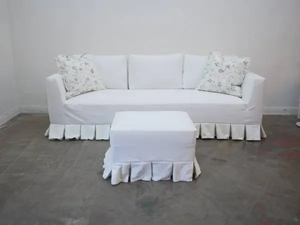 Fringed White Prewashed Slipcovered Sofa & Ottoman w/ 2 Green & Cream