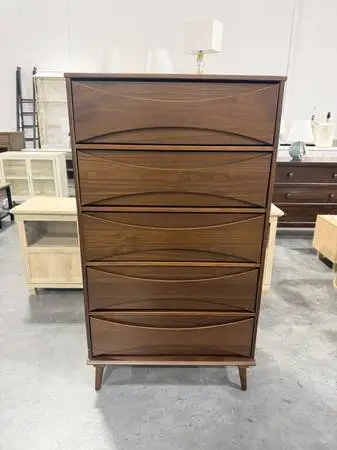 Atticus Solid Wood Walnut Mid-Century Modern 5 Drawer Dresser Chest