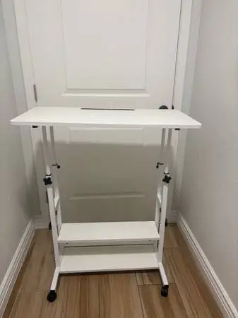 Standing Computer Desk Adjustable Height in White with Wheels