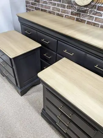 Black bedroom set with faux wood tops