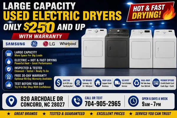 Large Capacity Used Electric Dryers Only $250 - Samsung, GE, LG, WP