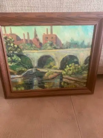 Bridge River Industrial Original Oil Painting Framed
