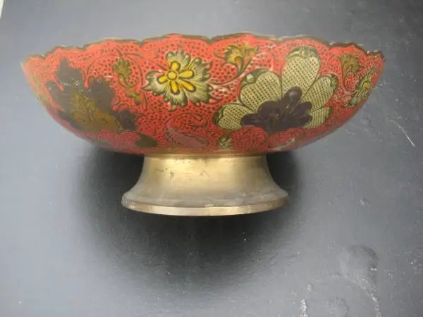 Vintage Cloisonné Peacock-design brass bowl