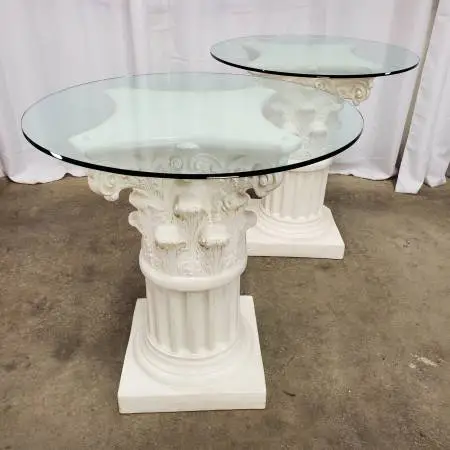 Set of 2 Fluted Corinthian Classical Cast Plaster Glass Top Accent Tab