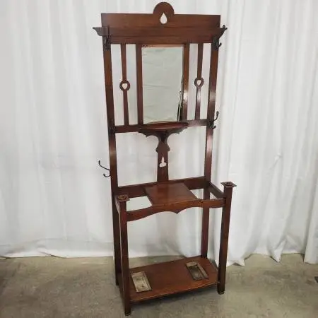 Antique Arts & Crafts Dark Oak Hall Tree/Rack w/Mirror