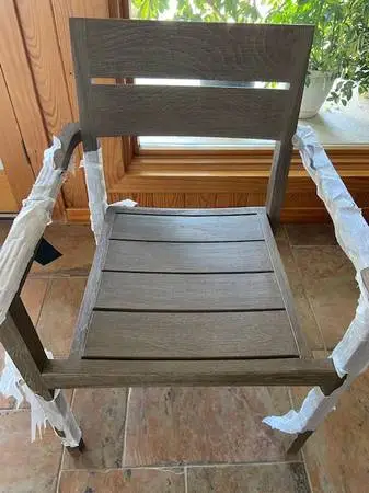 Crate & Barrel NEW Gray Teak Outdoor Chairs (4) Sunbrella cushions