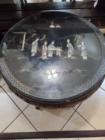 Vintage Chinese Mother of Pearl Tea Table w/ 4 Nesting Stools - $850