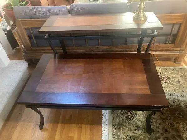 Solid wood coffee table and console table w/ metal bases, brass lamp