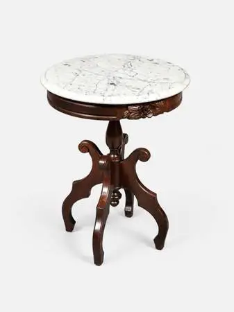 Vintage Victorian Revival Mahogany & Italian Marble Pedestal Side Tabl