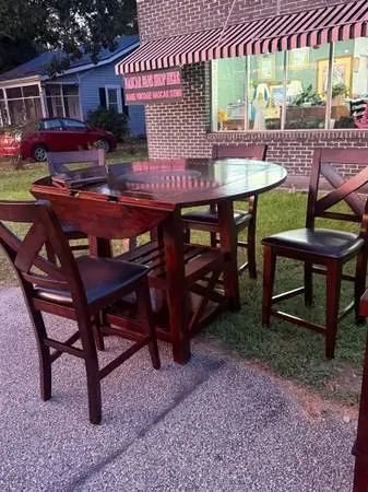 Dark Wood Farmhouse Pub Table Set with Marble Inlay Storage Sideboard