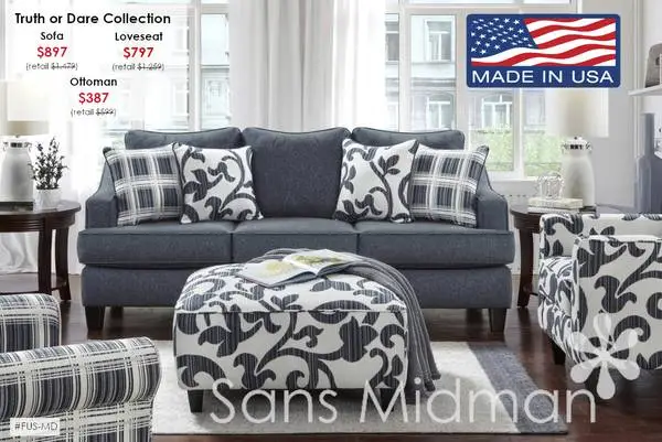 NEW IN BOX! USA Made Truth or Dare Blue Tweed Sofa