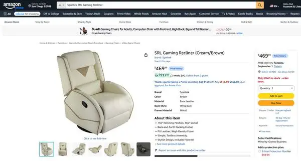Spitlek brand, faux leather, wood frame, 160° reclining position.