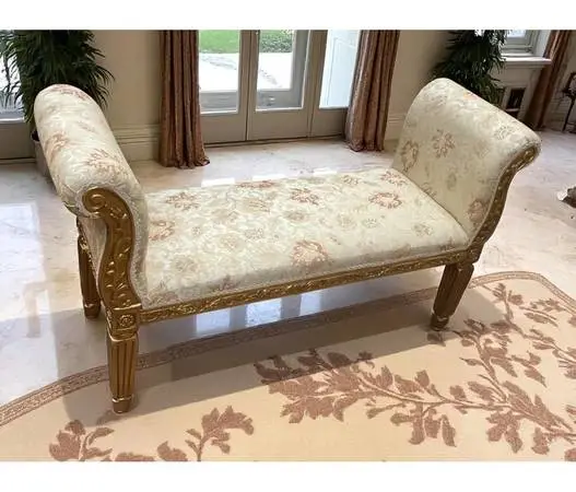 Ornate Gold & Cream Floral Upholstered Bench