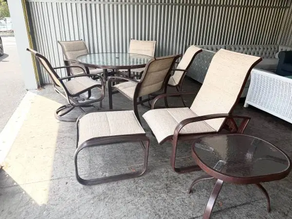 High End Arhaus Outdoor Dining Set w/Reclining Lounge Chair/Footrest & End Table