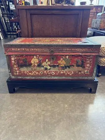 Antique Red Leather Floral Hand Painted Camphorwood Box on Stand-32.5X
