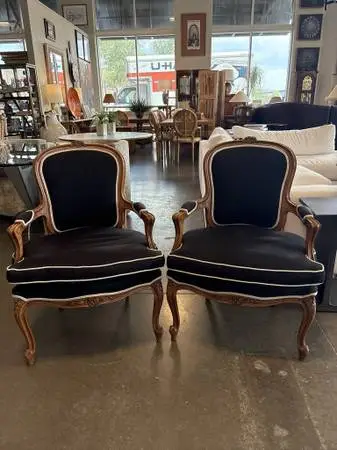 Vintage Louis XV French Rococo Style Black Linen Chairs- Pair