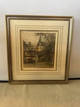 Oestrich Rhineland Signed Color Etching by Luigi Kasimir- 20X21.5