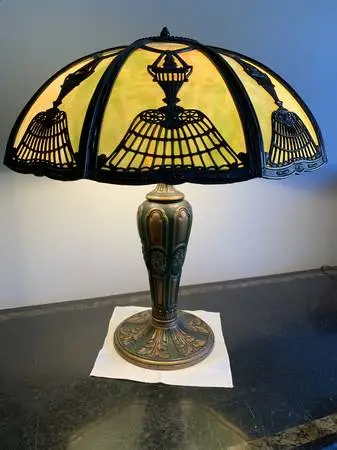 Rare Jade Tone Tiffany - Type Lamp with Brass Base