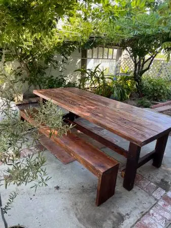 Farmhouse style old wood dining table and bench set