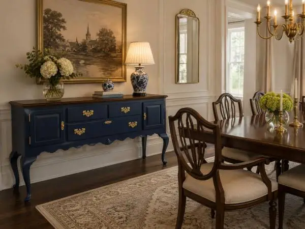 Ethan Allen 66” Sideboard / Buffet – Navy Blue & Dark Walnut – Restored Or