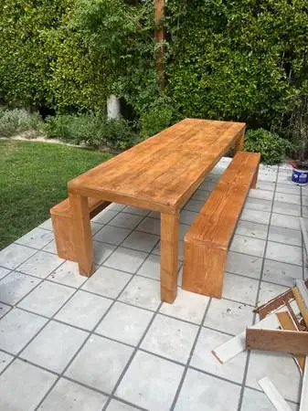 Reclaimed wood table with two benches