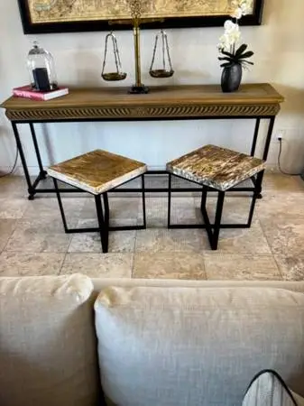 2 RESTORATION HARDWARE petrified wood end tables