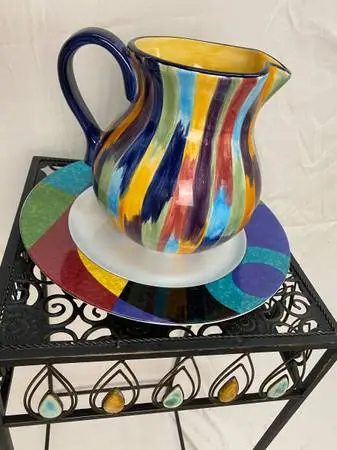 Gorgeous Colorful Hand-painted China Pitcher & Mikasa Plate