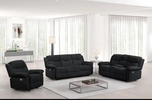 Black Fabric Recliner Sofa Set 3-Piece
